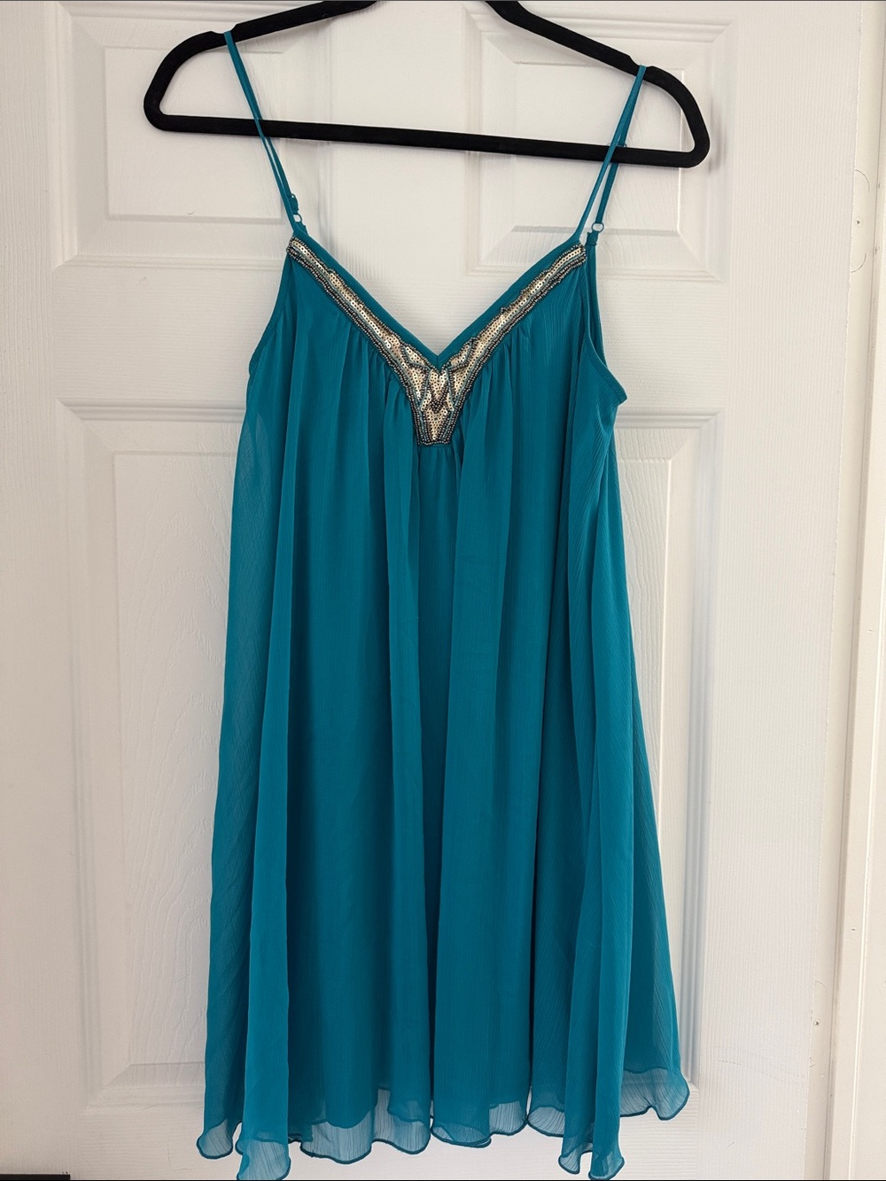 Express Teal Spaghetti-Strap Dress with Metallic Trim